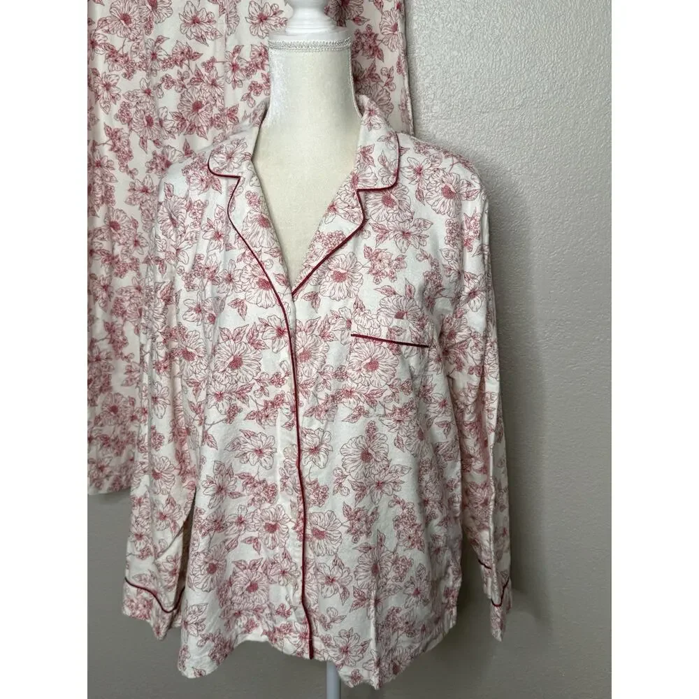 Charter Club Size XL 100% Cotton Flannel Floral Pajama Set Red White PJs Womens